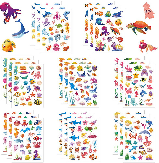 해양 생물 스티커 세트 해양 테마 파티 데코 스티커 해양 동물 스티커 물고기 문어 거북이 산호 조개 스티커, 24매