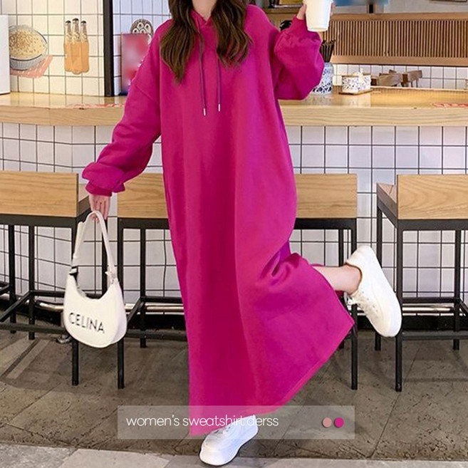 FANSYLI 여성용 캐주얼 빅사이즈 기모 도톰 후드 맨투맨 롱원피스 솔리드 풀오버 박스티 맨투맨원피스 롱티 아우터 0107JLL333