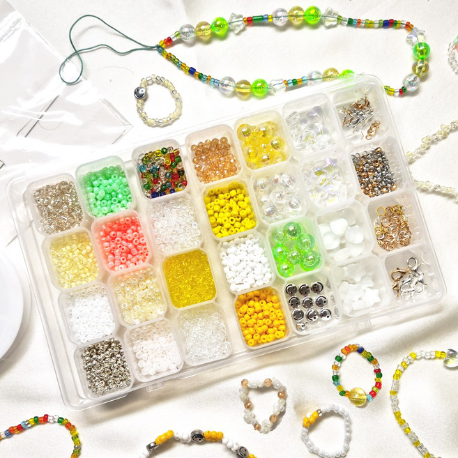 리니팜 올인원 프리미엄 비즈 공예 세트 키링 팔찌 만들기, 개나리 테마, 1세트