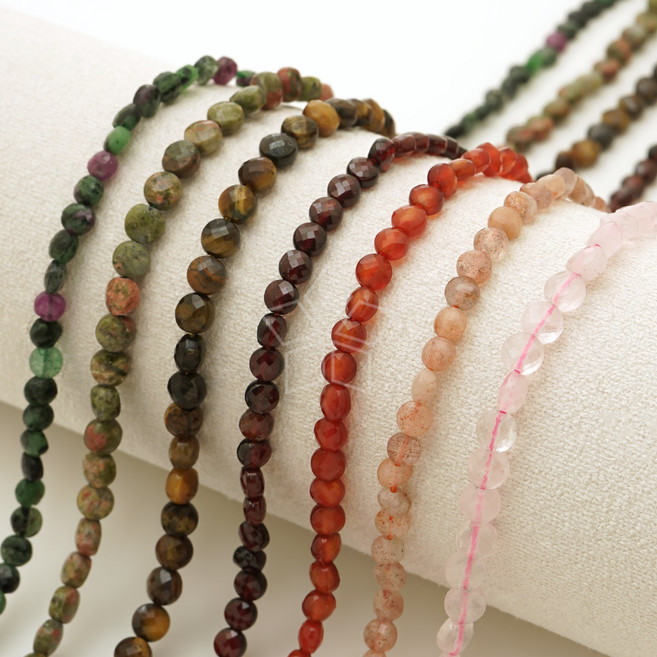 [엔비즈] 천연 원석 컷팅 납작 라운드 4mm 비즈 레드그린계열 DIY 팔찌 목걸이 만들기 재료