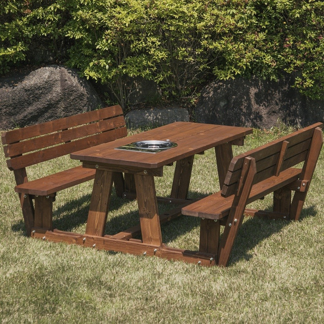 엉클트리 100% 통원목 로스타 일체형 야외 테이블 (발걸림 없는 개방형), 6~8인용 개방형 (양쪽등받이) 로스타일체형, 월넛색(2회도색)