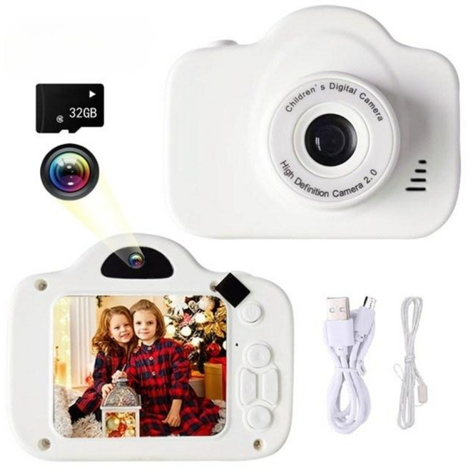 키즈 카메라 디지털 HD 1080P 비디오 카메라 완구 미니 캠 컬러 디스플레이 어린이 생일 선물 키즈 완구, 화이트32G
