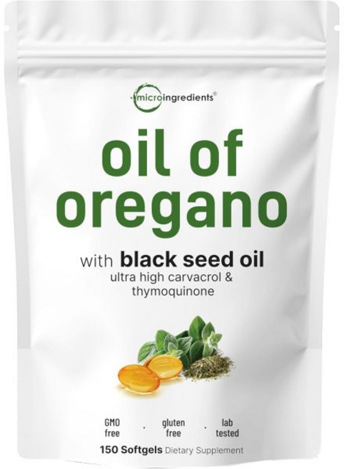 Micro Ingredients Oil of Oregano Softgels 300 Count | 2 in 1 Formulated with Black Seed Oil | 4X