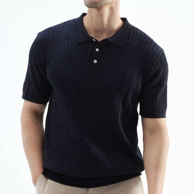 글리멜로 여름 남자 꽈배기 니트 카라 반팔 티셔츠