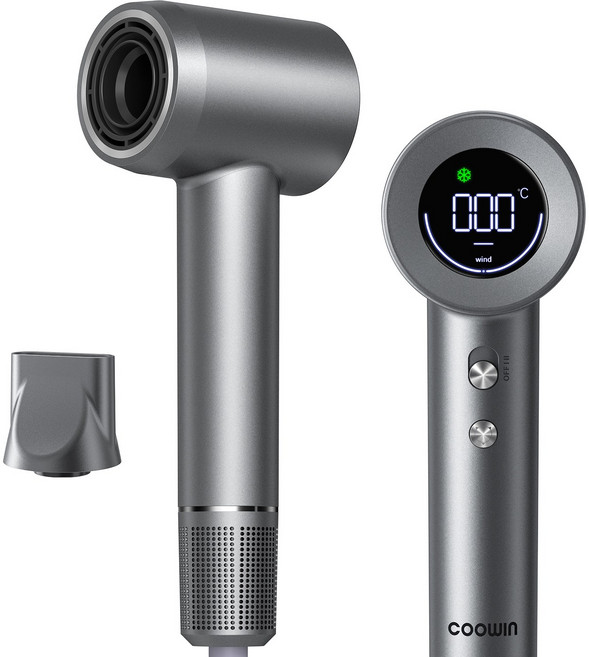 Coowin쿠윈 초고속 음이온 헤어드라이어 LED 디스플레이 BLDC 모터 드라이기 1600W, 다크 그레이