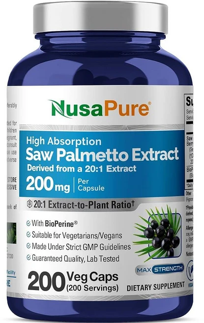 NusaPure 쏘팔메토 20:1 추출물 200mg 식물성 캡슐 당 4 000mg 상당 200개 GMO 프리 비건 채식주의자 바이오페린, NusaPure 쏘팔메토 20:1 추출물, 200mg,, 1개 - 쿠팡