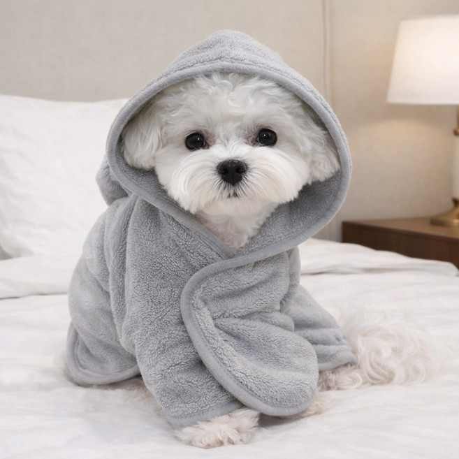 위즈멍스 강아지 코튼리본 샤워가운 초극세사 흡수력 좋은 애견 목욕 타올 가운, 1개, 그레이