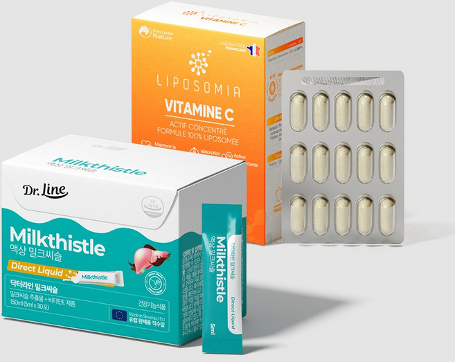 닥터라인 액상 밀크씨슬 30포 1박스 + 리포조미아 리포좀 비타민C 60캡슐 1박스, 닥터라인 액상 밀크씨슬 30포 1박스 + 리포조미아 리