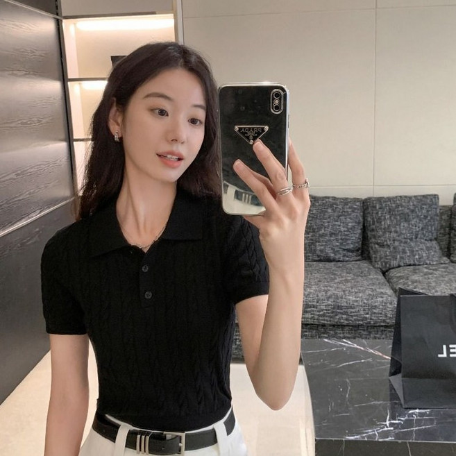 BROWMODA 여성 캐주얼 칼라넥 꽈배기 니트 베이직 슬림핏 반팔 티셔츠