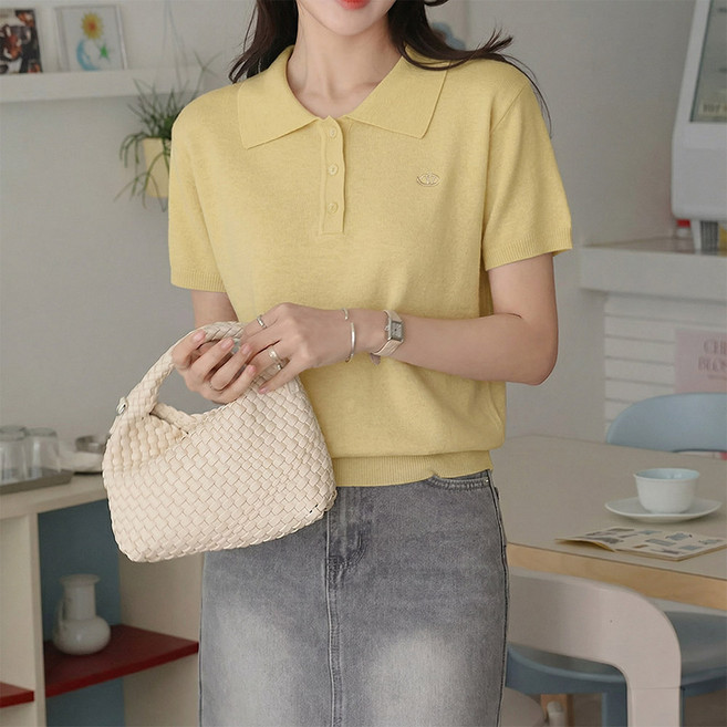 데일리앤 레스트 봄 여름 여성 베이직 반팔 카라 얇은 니트 티셔츠 출근룩