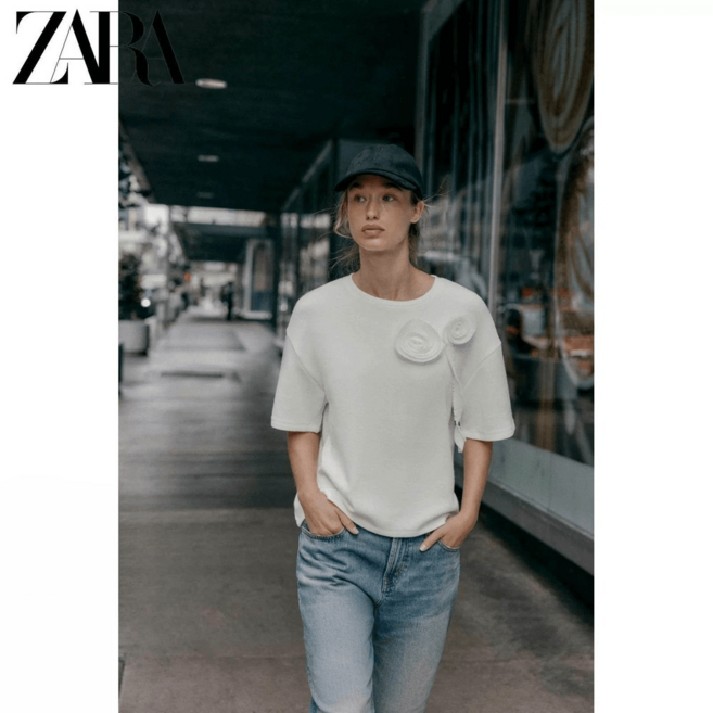 ZARA 자라정품 여성 슬림 일자 라운드 반팔 플라워 티셔츠 1131848