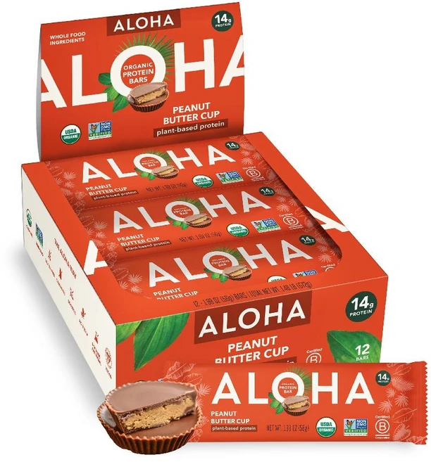 ALOHA 유기농 비건 단백질바 피넛버터 초콜릿칩 12개입 고단백 고식이섬유 글루텐프리 (미국직구), 땅콩 버터 컵 바, 56g - 쿠팡