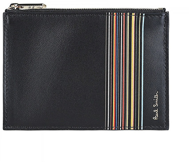 PAUL SMITH 燙印金色LOGO小牛皮多色條紋設計2卡拉鍊卡夾包