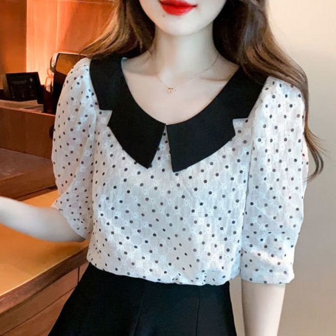 수술넥 반팔 셔츠 여 여름 얇은 도트 사이다 블라우스 nvduanxiu
