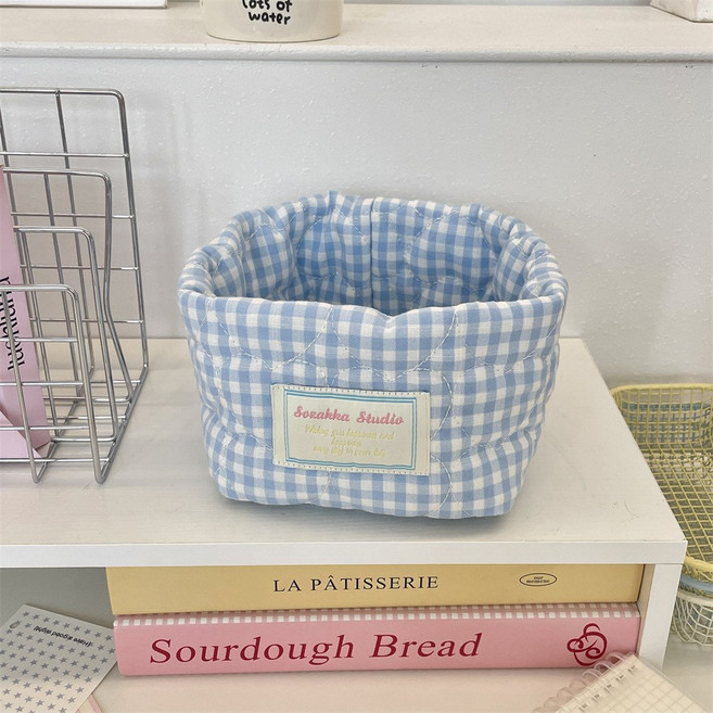 1+1 감성 체크 패브릭 수납 바구니 정리함, 2개, 블루