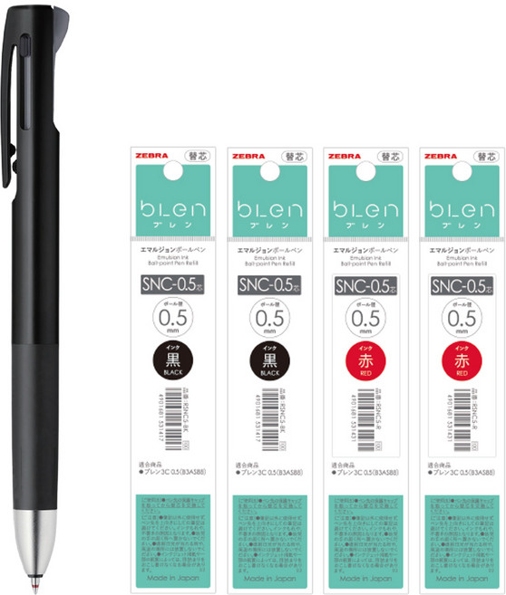 ZEBRA 블렌 2색 멀티펜+리필4개 (흑2 적2) B2SAS88, SNC (흑2적2), 0.5 블랙 (블렌 2+S)