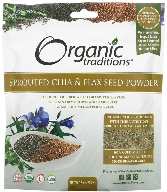 Organic Traditions Sprouted Chia & Flax Seed Powder 8 oz (227 g) 2팩, 2개 - 쿠팡