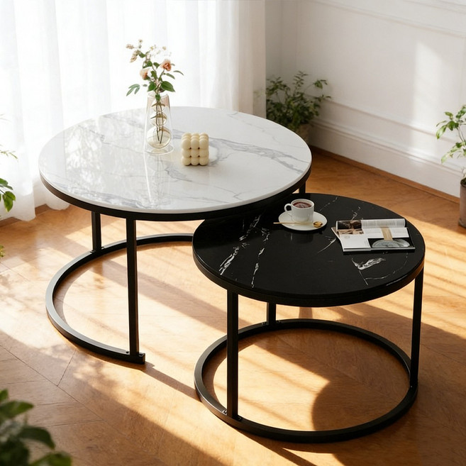 하루꿈 원형 테이블 세트 거실 소파 인테리어 접이식 조합형 홈카페 수납 디자인 티테이블, 화이트블랙