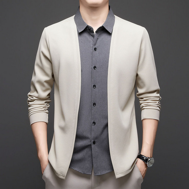 봄 가을 남성 레이어드 셔츠 빅사이즈 패치워크 가짜 투피스 셔츠 니트 가디건 패션 남자 니트티 긴소매 상의 YJW