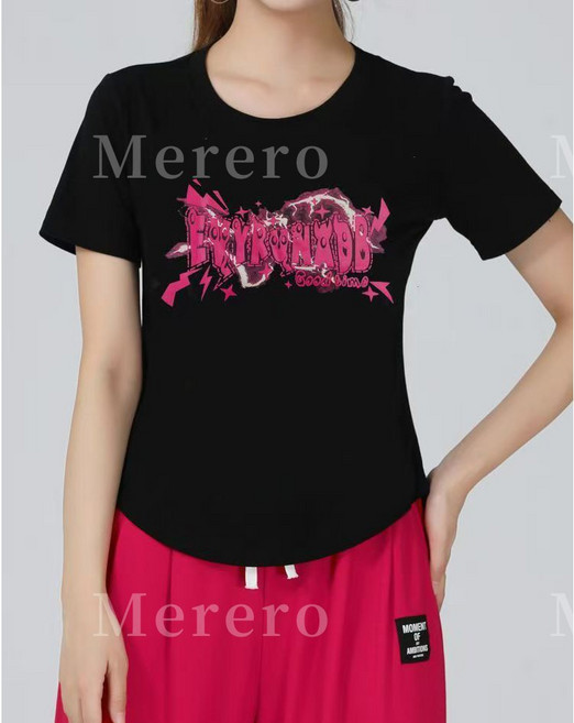 Merero 줌바 의상 헬스복 캐주얼 트레이닝복 댄스 체조 상의 라운드 루즈핏 반팔 댄스복 상의 남녀공용 힙합 댄스복 에어로빅복