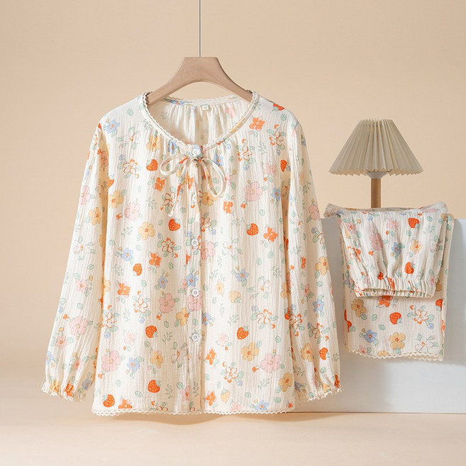 코코부 순면100 이중 거즈면 요루면 리본 레이스 여성 잠옷 세트