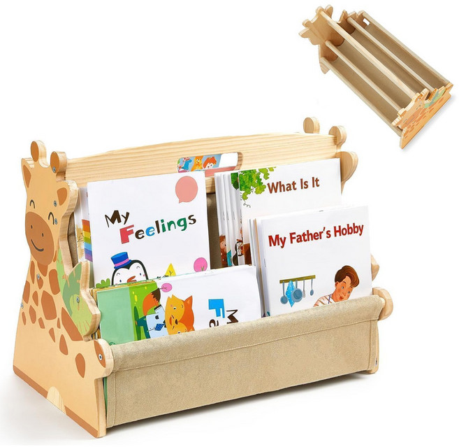 유아용 나무 책장 양면 책꽂이 수납 정리함, 4단, 나무색