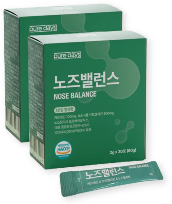 퓨어데이즈 노즈밸런스 퀘르세틴 브로멜라인 노스릴리브 특허유산균 HACCP, 60개, 2g - 쿠팡
