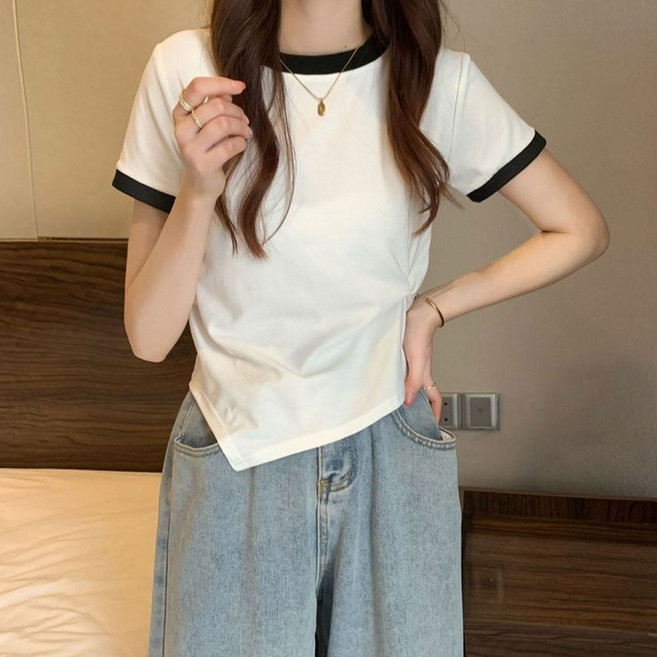배색 컬러 포인트 여성 사선 셔링 여름 반팔 티셔츠 ksm788kx