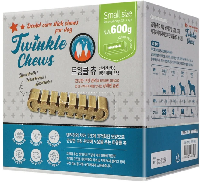 펫퍼스 트윙클츄 디스펜서 강아지덴탈껌 개껌 치석제거 강아지간식 입내샘제거 강아지껌, 7g, 85개, 혼합맛(닭고기/쌀) - 쿠팡