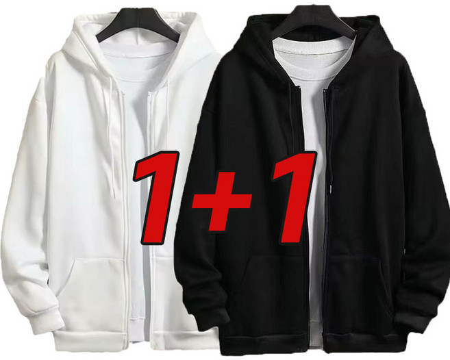 1+1 남자 심플 긴팔 후드티 맨투맨 오버핏 무지 후드집업 빅사이즈 트레이닝복 기모 두꺼운 데일리 캐주얼 상의 루즈핏 학생 아우터 상의