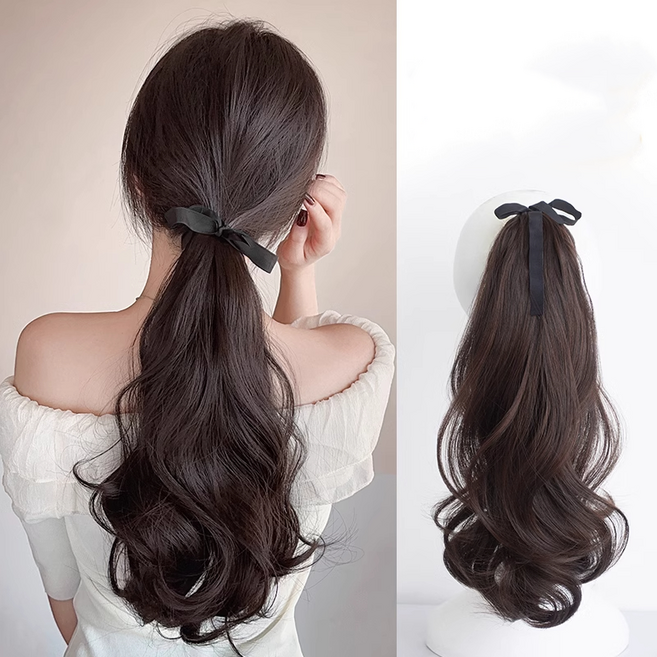 상덕 포니테일가발 웨이브 무광 끈 묶음형 머릿결 좋은 (똥머리가능), 1개, 브라운블랙