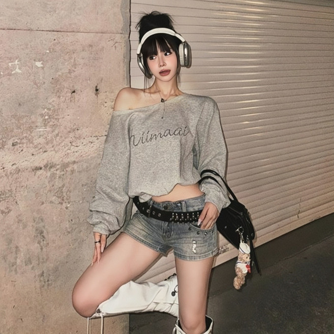 Asure 봄 여성 긴팔 오프숄더 맨투맨 슬림핏 긴팔 티셔츠