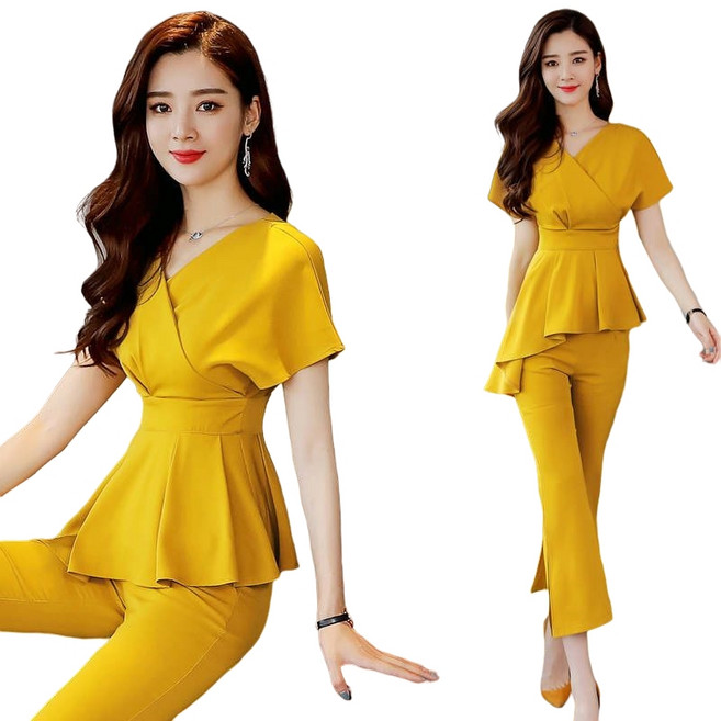 ROYALBELLE 여성 패션 정장 세트 브이넥 언발 블라우스 와이드 팬츠 데일리 오피스룩 Y032913