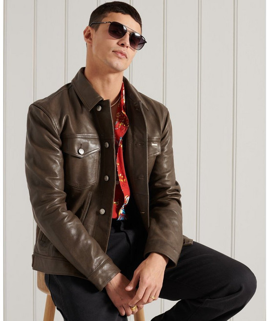 Superdry 復古工作夾克 真皮皮衣, 咖啡色,L, 1個