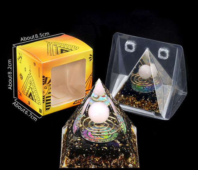 樹脂膠包裹水晶碎石金字塔擺件 家居小擺件 盒裝, 粉晶＋鋼圈＋黑曜