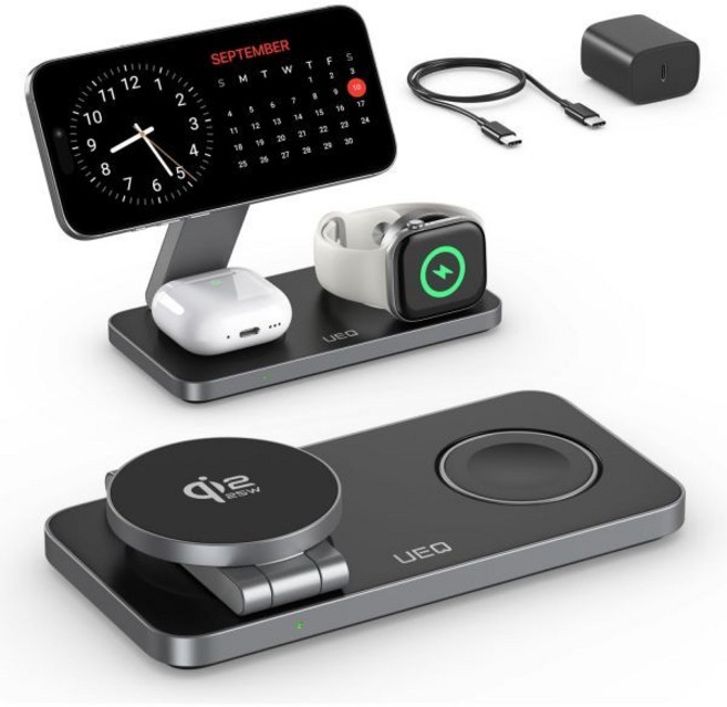 Apple 디바이스용 3in1 충전소QI2.2 25W 초고속 마그네틱 무선 충전기 스탠드 MagSafe와 호환 iPhone Air용 접이식 여행용 충전기171615141312, Pure Black