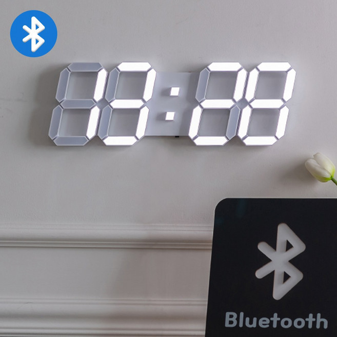 플라이토 블루투스 시간 동기화 3D LED 벽시계, 화이트