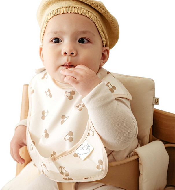 아이주 방수 포켓 턱받이 자기주도이유식 자기주도식 턱받이 신생아 아기 돌 아기 턱받이, 1개, 1개입, 크림체리