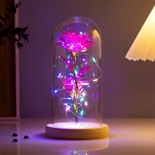Clybo 영생화 유리커버 장미꽃 LED 발광 조명장식소품, 분홍색+램프+원목