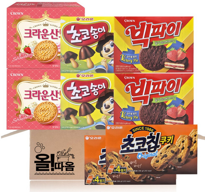 주전부리 간식 2개씩 기획세트 3호(초코송이144g 2+초코칩쿠키256g 2+크라운산도딸기161g 2+빅파이216g 2), 1세트, 1.554kg
