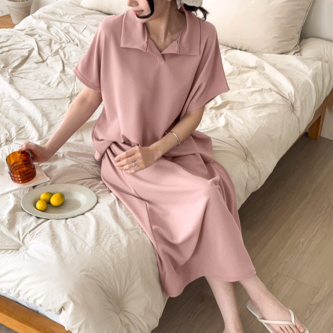 데일리앤 소렌디 꾸안꾸 투피스 캡소매 카라 반팔 롱 플레어 스커트 상하 세트