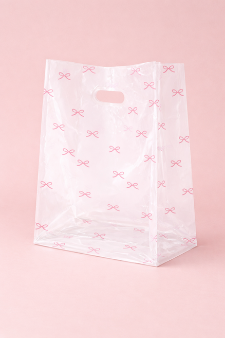 [비닐company] PE투명 비닐쇼핑백 리본디자인 링봉투 도시락봉투 손잡이비닐, 핑크, 50개