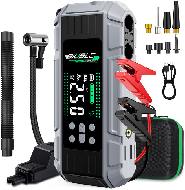 BIUBLE 4000A 차량 점프 스타터 6in1 타이어 공기 압축기 송풍기 65W 양방향 입력 대용량 보조배터리 스마트 점프 케이블 보관백 12V, 14800mAh, 1개