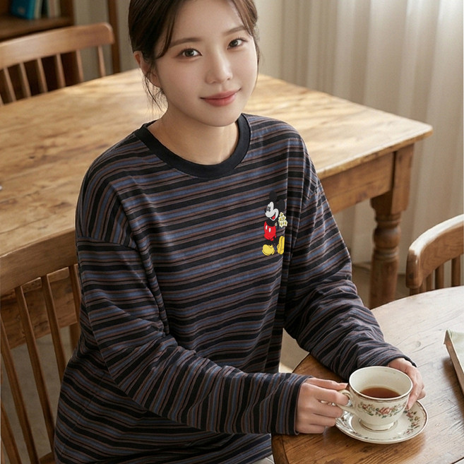 디즈니 꽃다발미키 스트라이프 긴팔티 정품 여자 오버핏