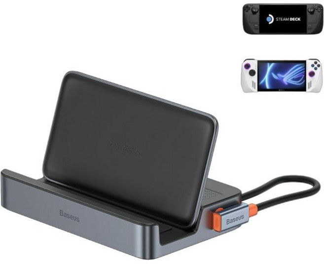 베이스어스 6in1 도킹 스테이션 스팀덱 및 ROG Ally용 HDMI 2.0 4K60Hz 기가비트 이더넷 조절식 스탠드 디자인 3개 USB A 3.0 포트 PD 100W 고속