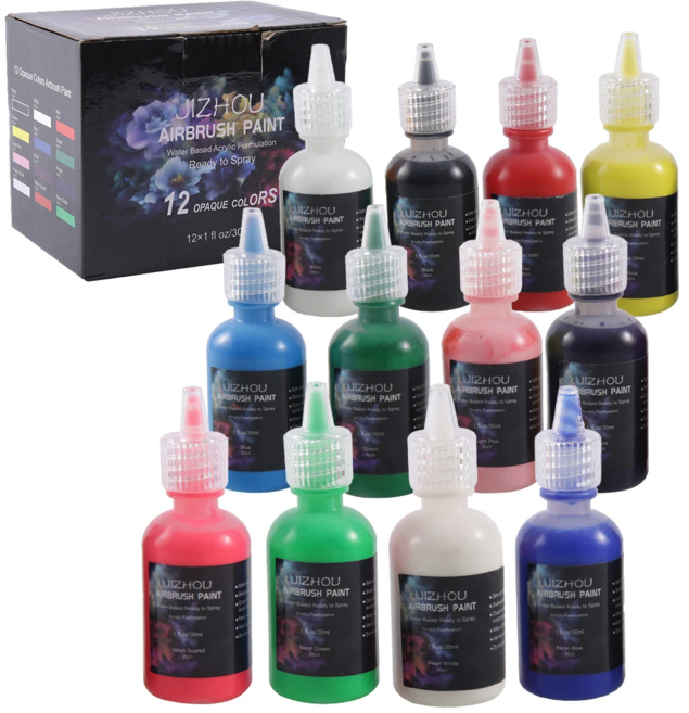 JIZHOU 에어브러시 페인트 12색 에어브러쉬 물감 세트(30ml/1온스) 바로 분사 가능 불투명 및 네온 색상 수성 프리미엄, 12개, 30ml, 12