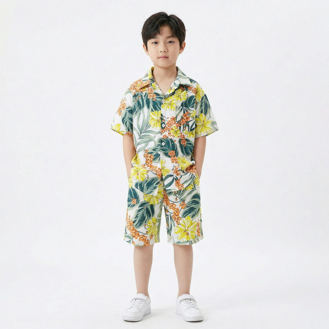 지디오 주니어 남아 하와이안 상하의 세트 플라워 반팔 셔츠 반바지 바캉스룩 여름 투피스