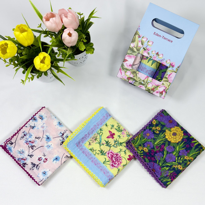 이든 테라스 손수건 여성 쁘띠 스카프 3장 1셋트(고급 선물 케이스 포장) 면 80수 엠보 큐티 핀코트C