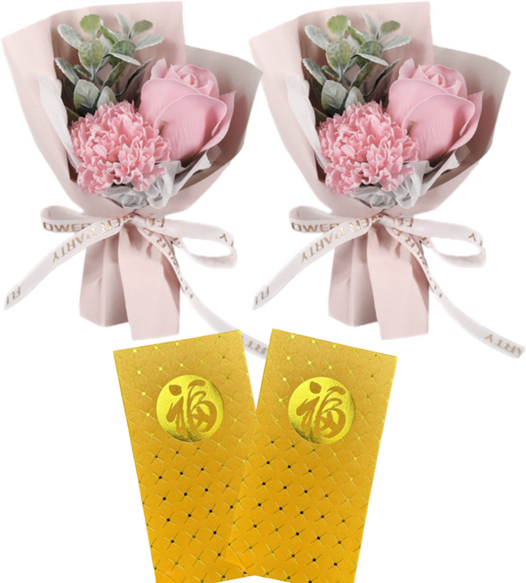 미니 카네이션 꽃다발 + 골드 용돈봉투 세트, 핑크꽃 2P+봉투 2P