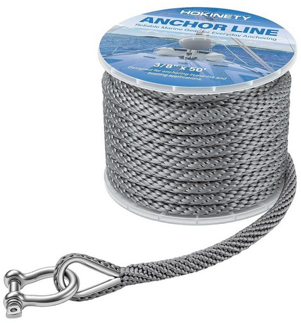 미국출고 평점4.5+ 237955 HOKINETY Boat Anchor Rope 3/8 Inch x 50FT - Marine Grade Line Premium Solid Bra, 3/8"x50', Gray